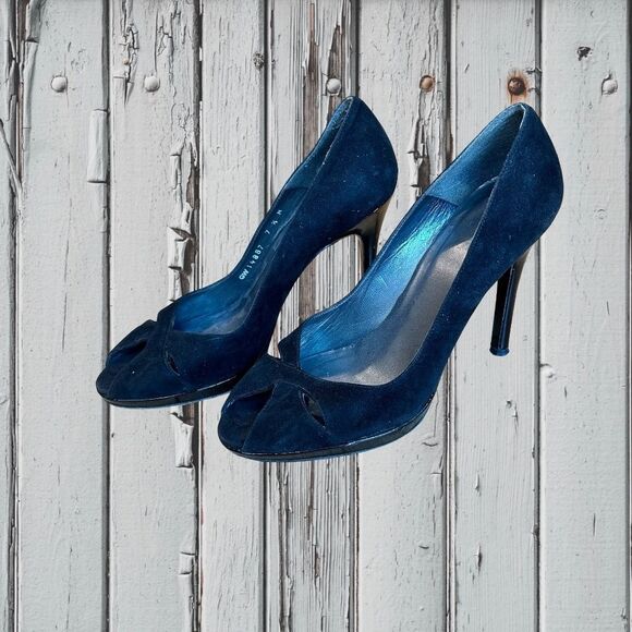 Stuart Weitzman Black Suede Heels Peep Toe Criss Cross Size 7.5 - Picture 16 of 16